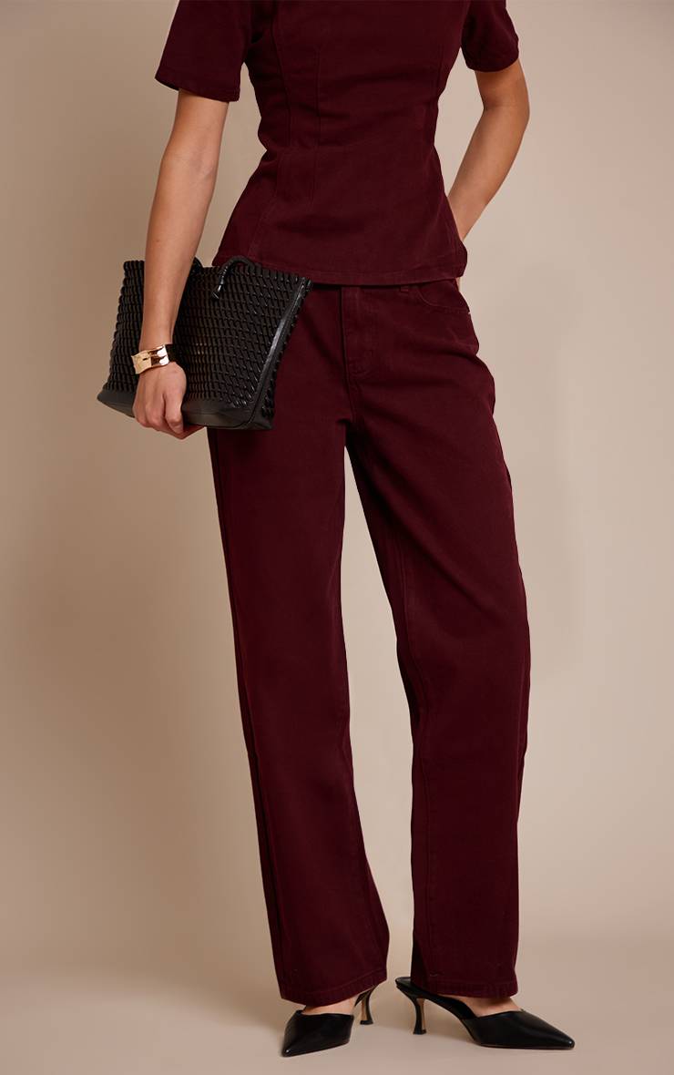 Deep Burgundy Jean Droit Taille Mi-haute Bordeaux Foncé