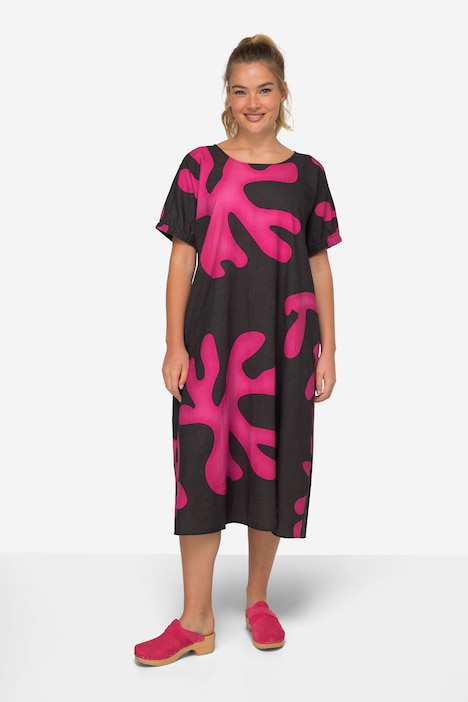 Leinenmix-Kleid, A-Line, Korallen, Rundhals, Halbarm
