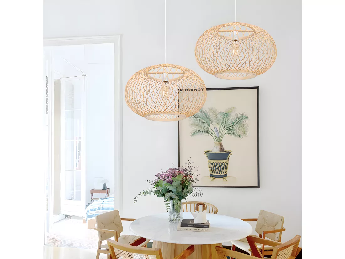 Lustre rotin suspension rotin naturel d35 cm x h22 cm - sphérique
