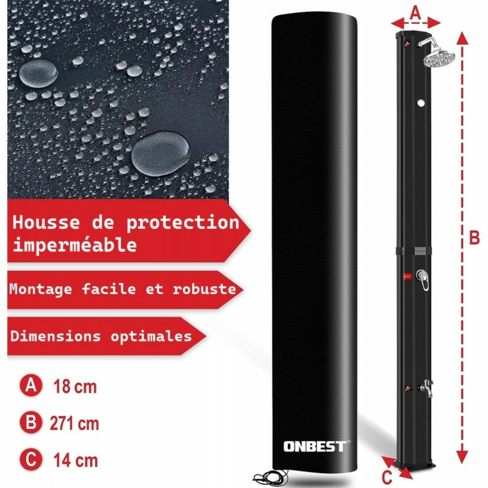 Douche solaire extérieure de camping avec robinet supplémentaire housse de protection-thermomètre intégré 60°c noir