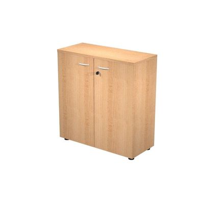 Bibliothèque basse Trend - L80xP35xH72 cm - 2 portes en mélaminé avec serrure - imitation hêtre