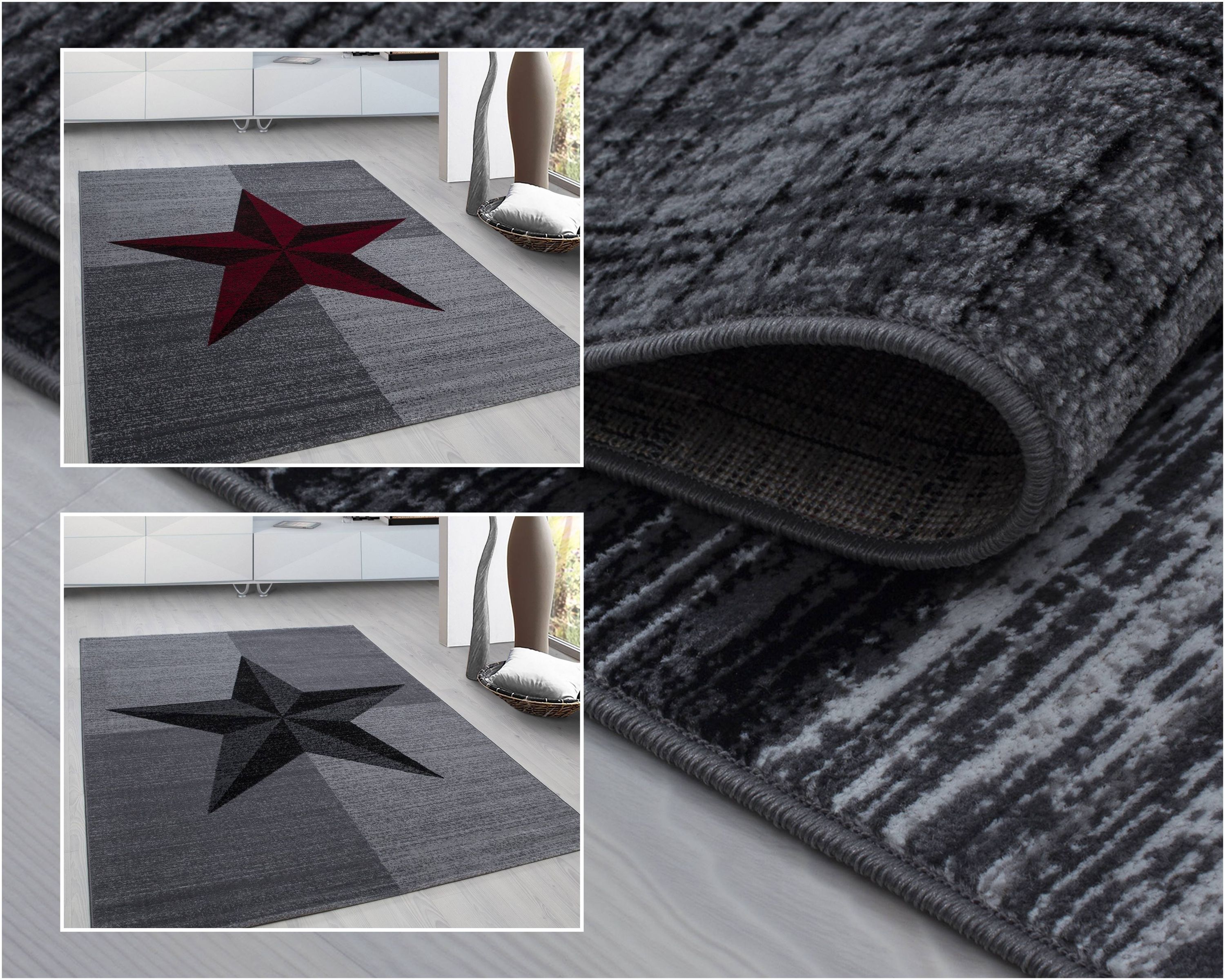 Teppich Designer Modern Wohnzimmer Stern Design Meliert Farbe Grau oder Rot