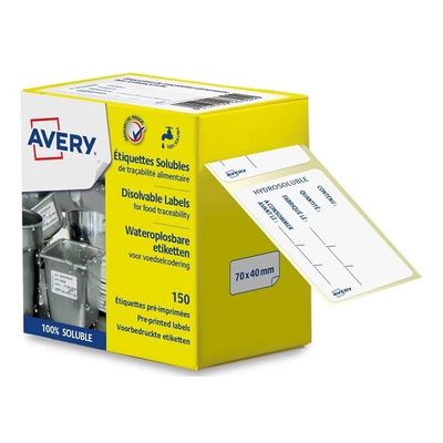 Avery - 150 Étiquettes solubles pré-imprimées - 70 x 40 mm - boîte distributrice