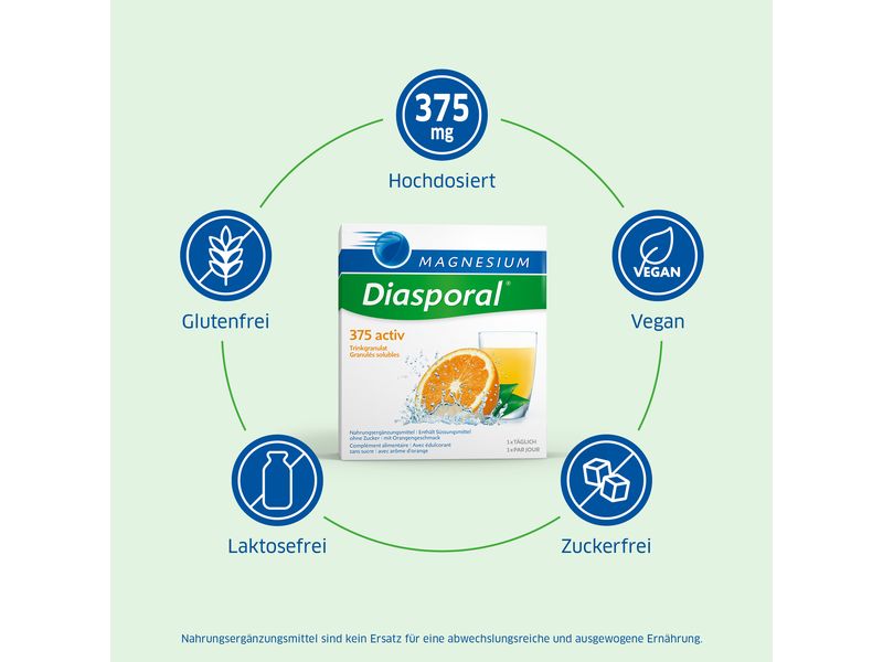 Magnesium Diasporal 375 Activ Orange Trinkgranulat 20 Stick Veganes Magnesium Trinkgranulat