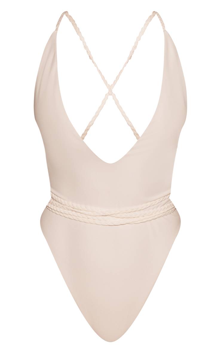 Blanc Maillot De Bain Échancré À Décolleté Plongeant Et Bretelles Tressées