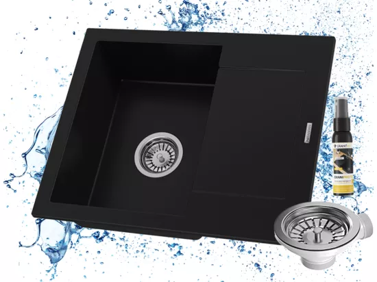Évier Granit BELLO Noir Monocuve avec Siphon