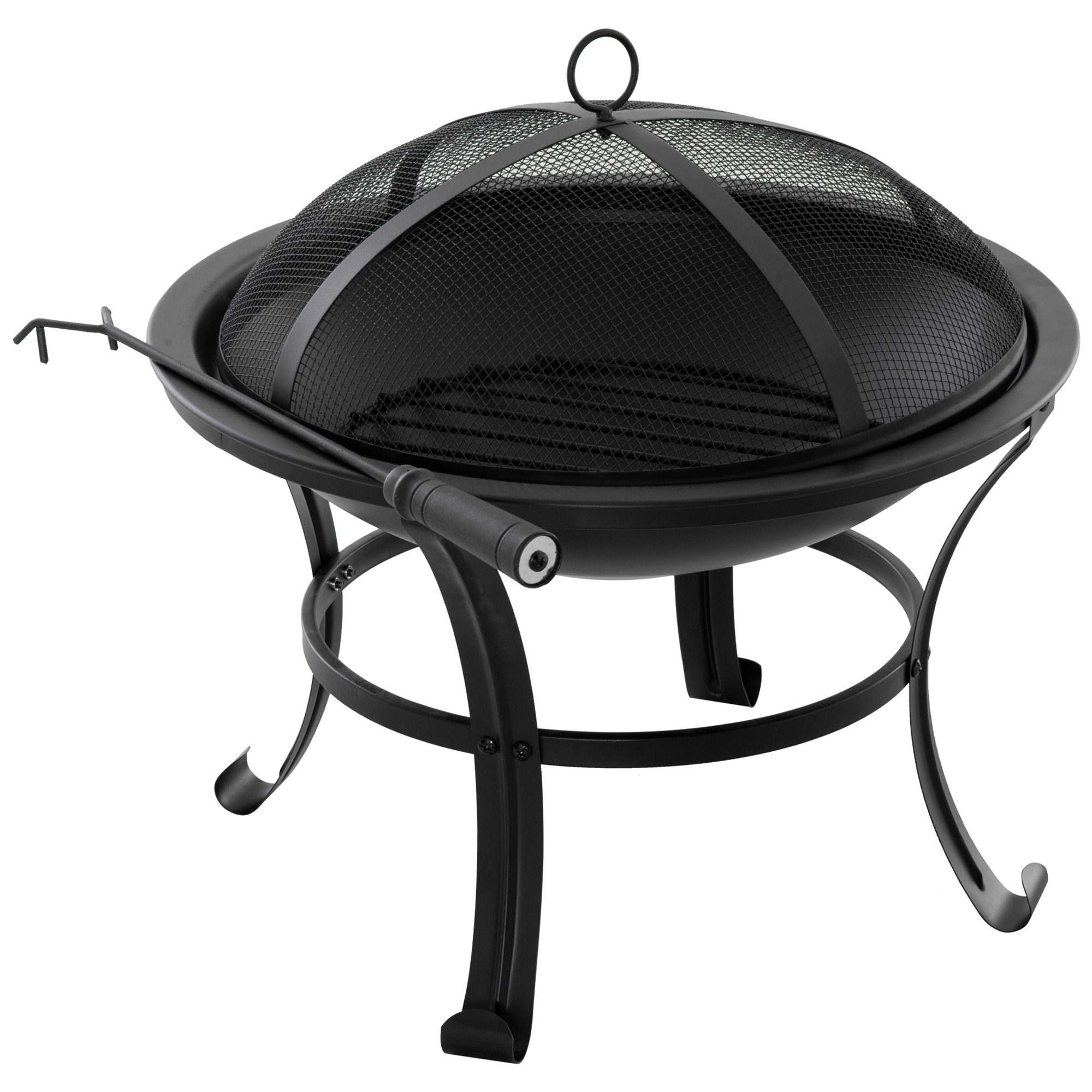 Lareira externa de metal Outsunny com 56 cm de diâmetro, tigela para fogueira de jardim com tampa protetora contra faíscas e atiçador para fogueiras, lenha, pátio, camping, festas, preta.