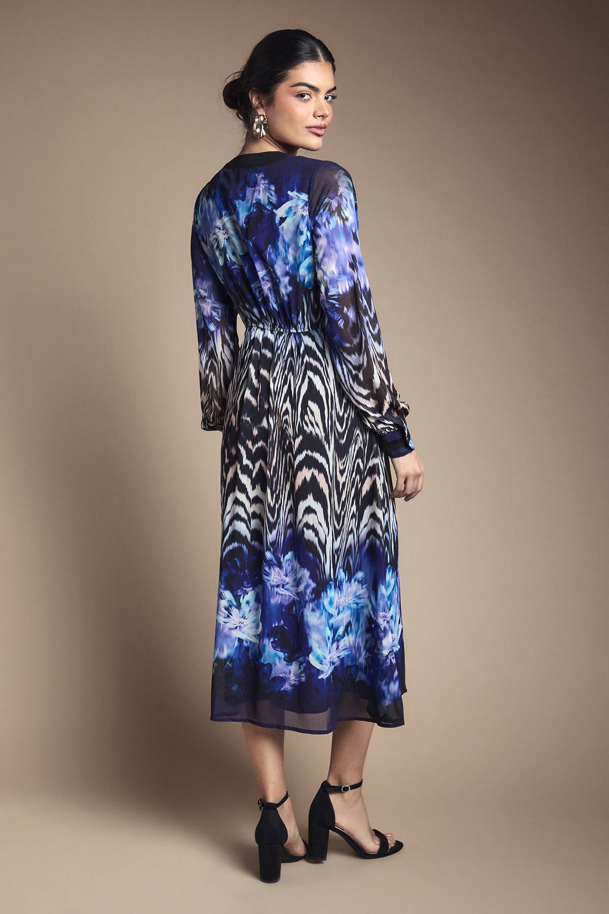 Wallis Robe Midi en Mousseline à Bordure Florale avec Fermeture Éclair Devant