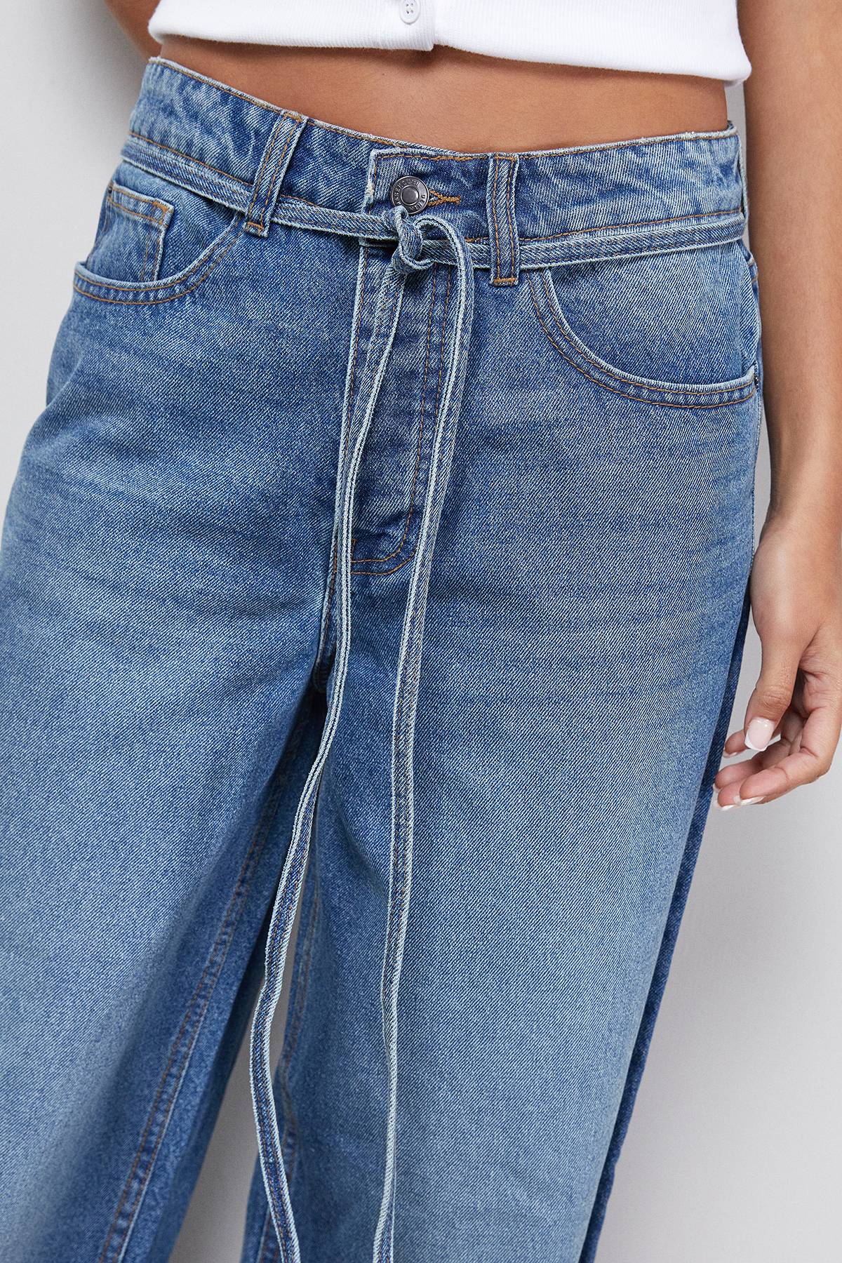 Warehouse Jean Denim Jambe Large avec Ceinture Nouée