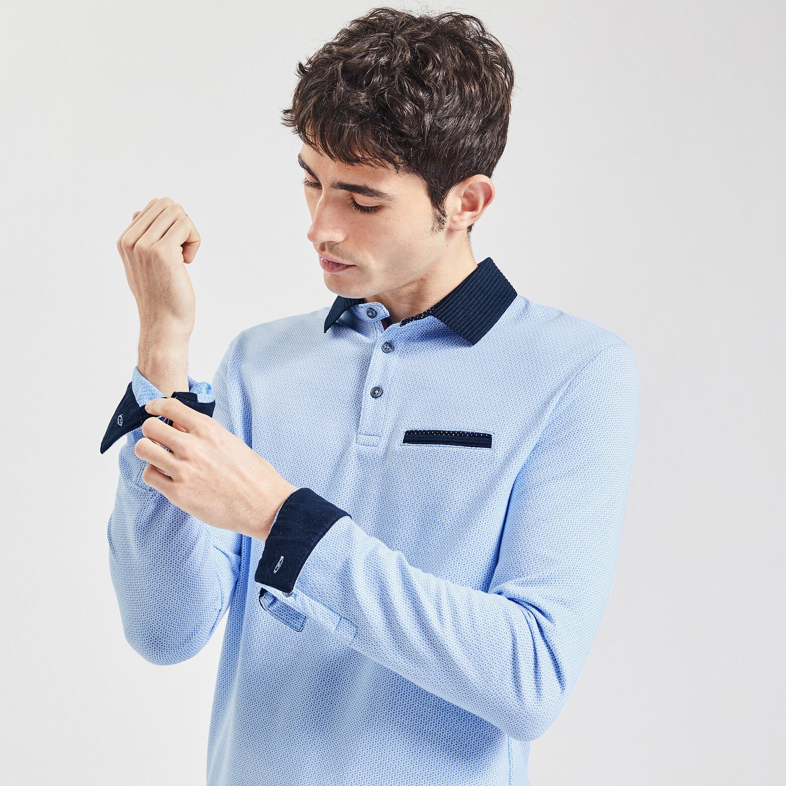 Polo manches longues jacquard à col fantaisie Bleu moyen