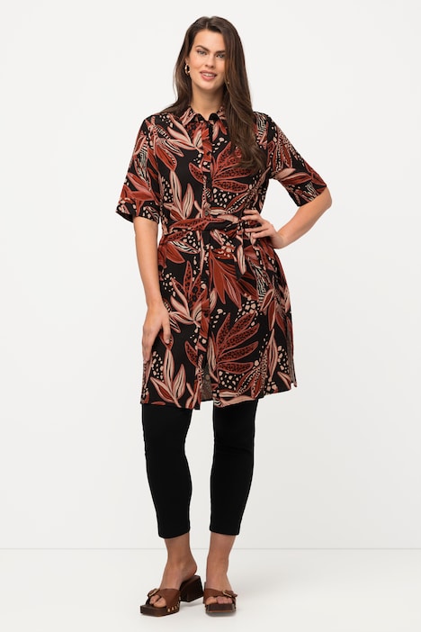 Longbluse, Blätter, Leinenmix, A-Linie, Halbarm