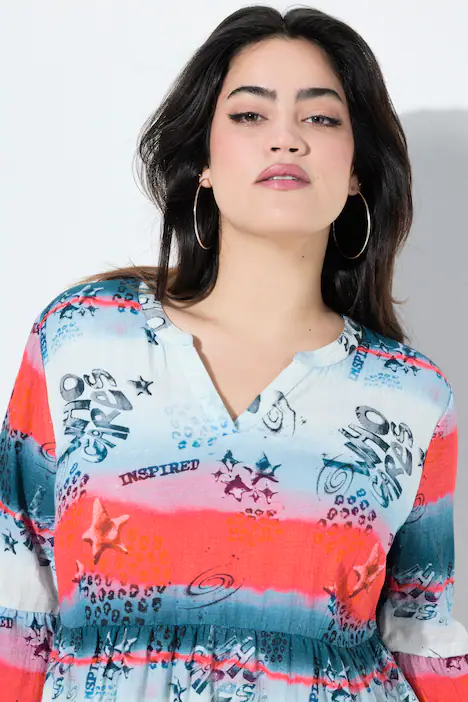 Musselin-Kleid, Streifenmuster, Volants, mattes blau