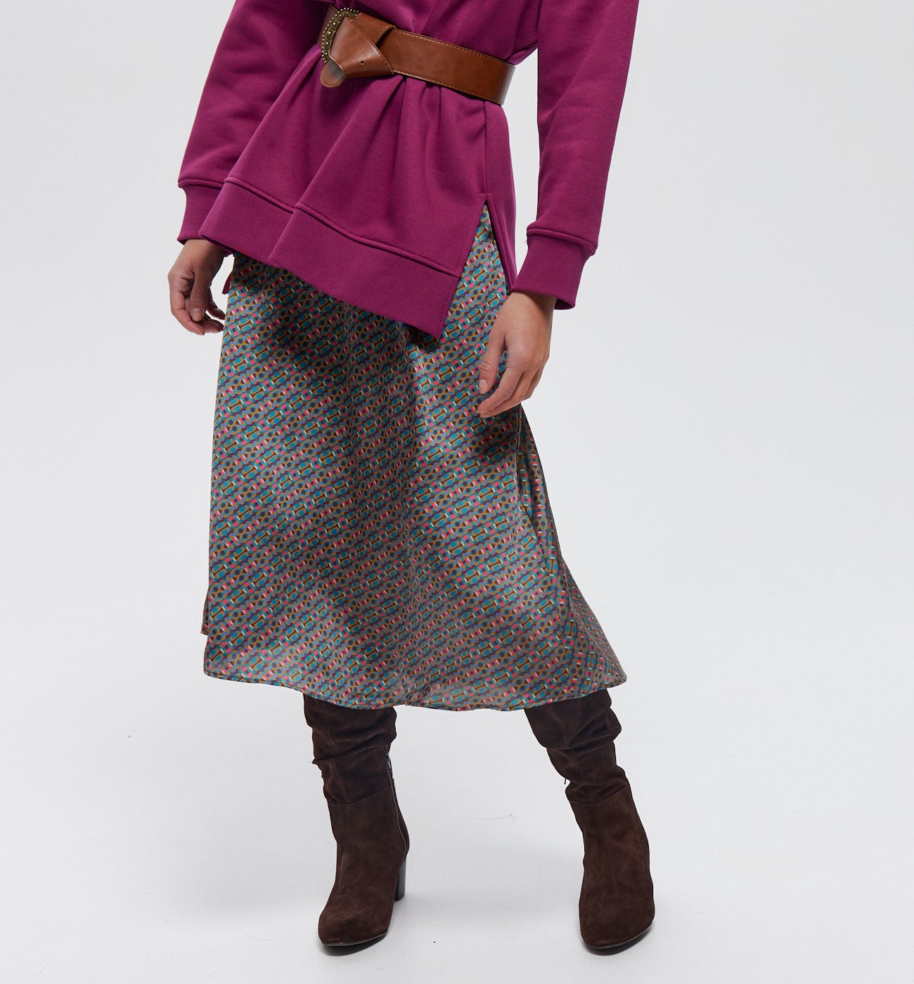 Jupe midi en satin imprimé - Imprimé vert