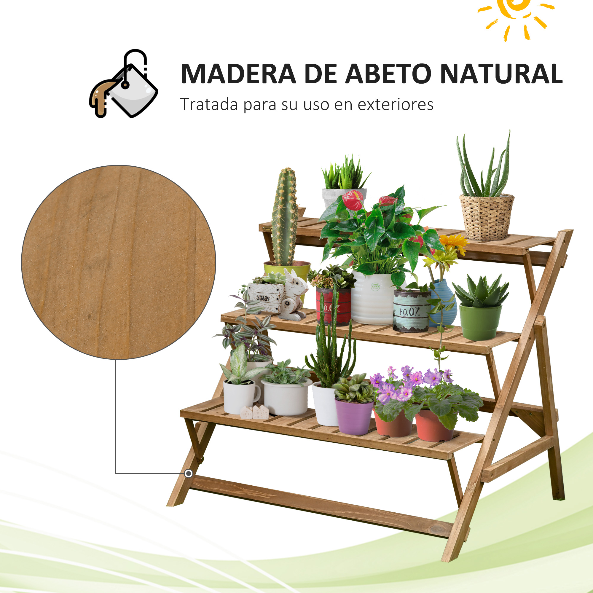 Suporte de madeira para plantas Outsunny, com 3 prateleiras dobráveis em formato de escada, ideal para decoração de interiores e exteriores, 101 x 83 x 88 cm, marrom.
