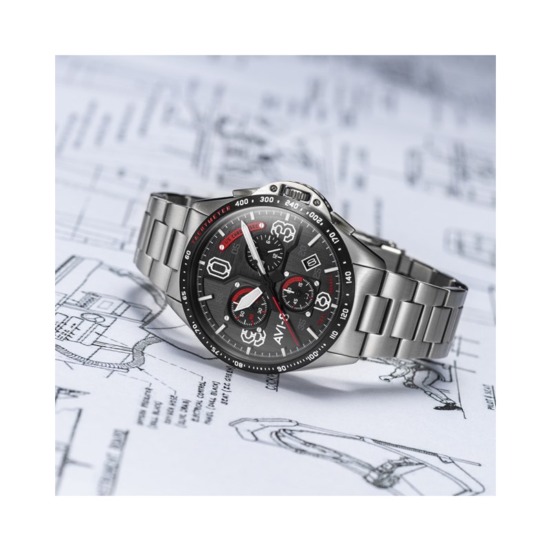 Montre homme meca-quartz chronographe japonais AVI-8 - Bracelet acier inoxydable - Date