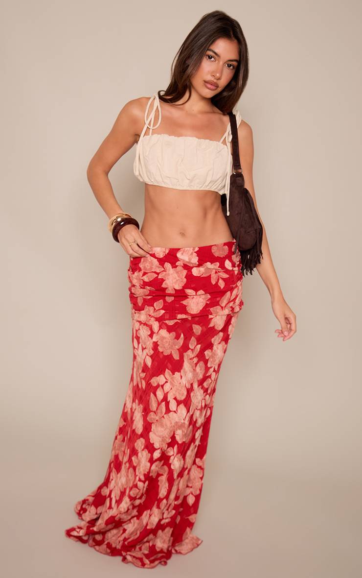 Rouge Jupe Longue Drapée En Mousseline À Motif Floral