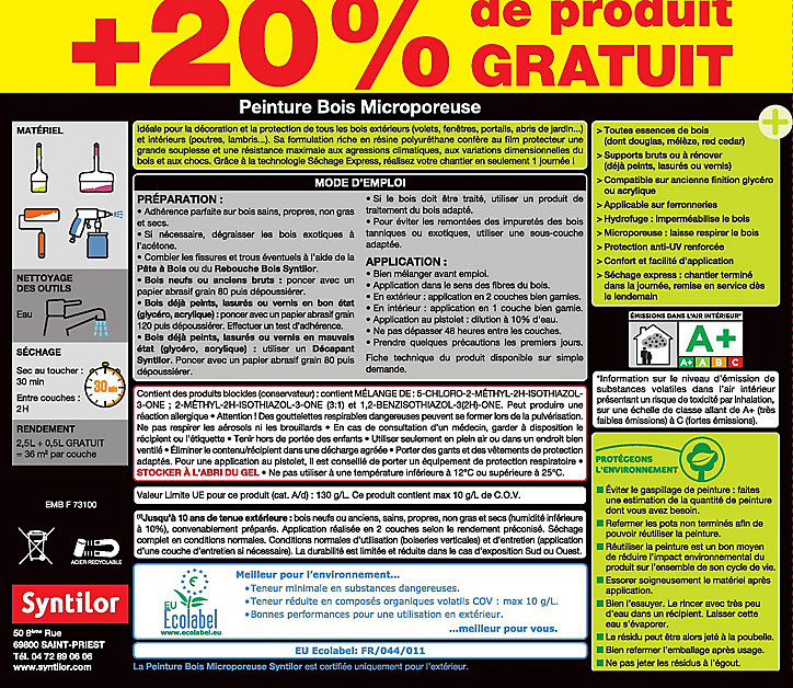 Peinture extérieure et intérieure bois microporeuse blanc brillant Syntilor 2,5L + 20% gratuit