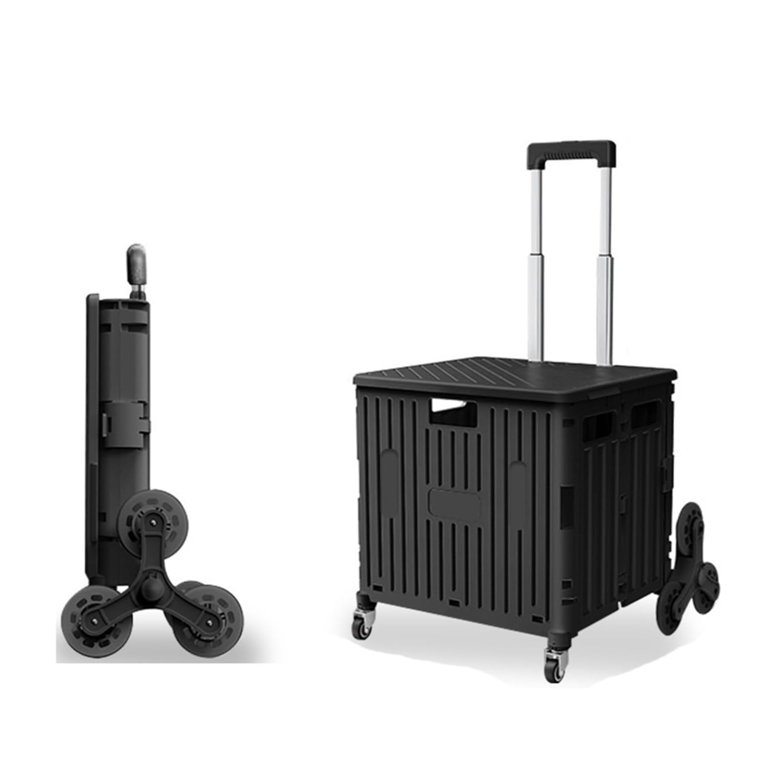 (42x37cm) Klappbarer Einkaufs Trolley Treppenwagen Transportbox Shopping Kiste Umzugswagen mit Rädern / Teleskop Griff - Schwarz