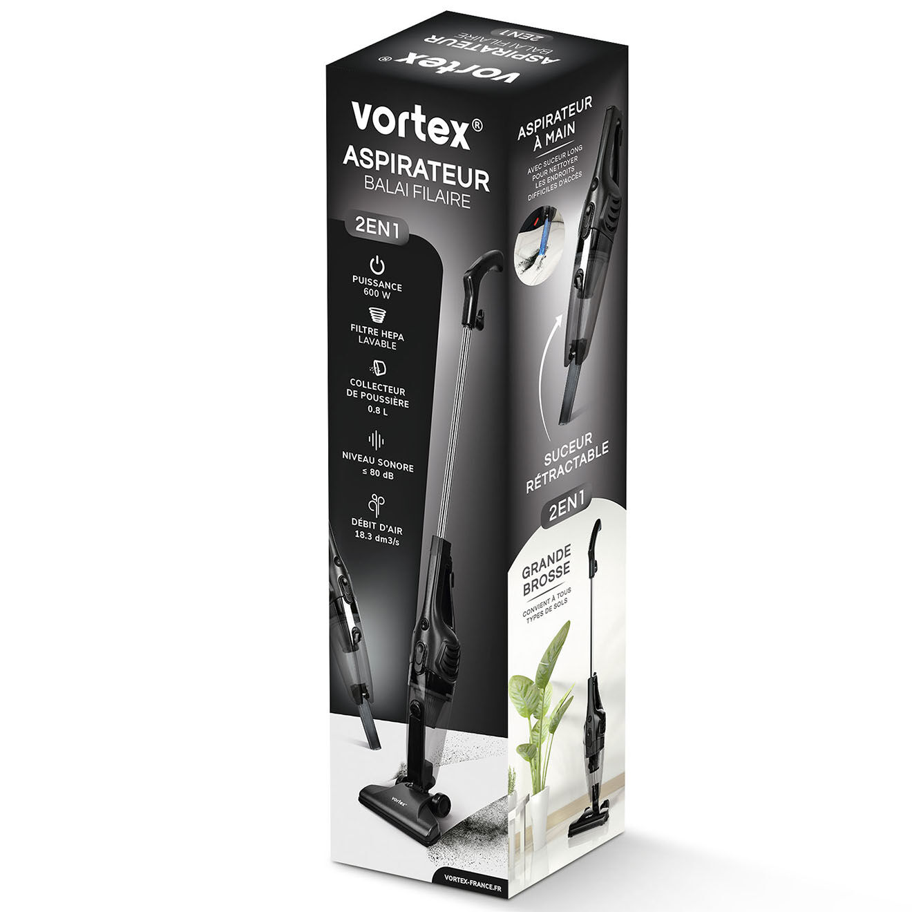 Vortex Aspirateur balai filaire 2 en 1 noir