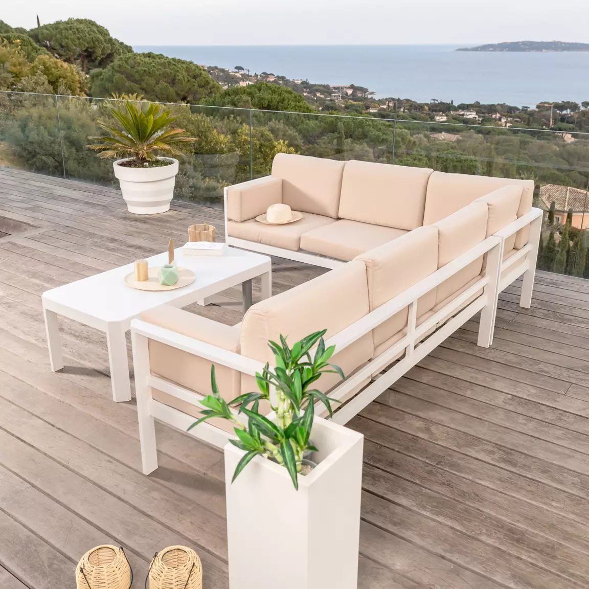 Salon de jardin d'angle en aluminium 6 places Ostara Blanc et taupe