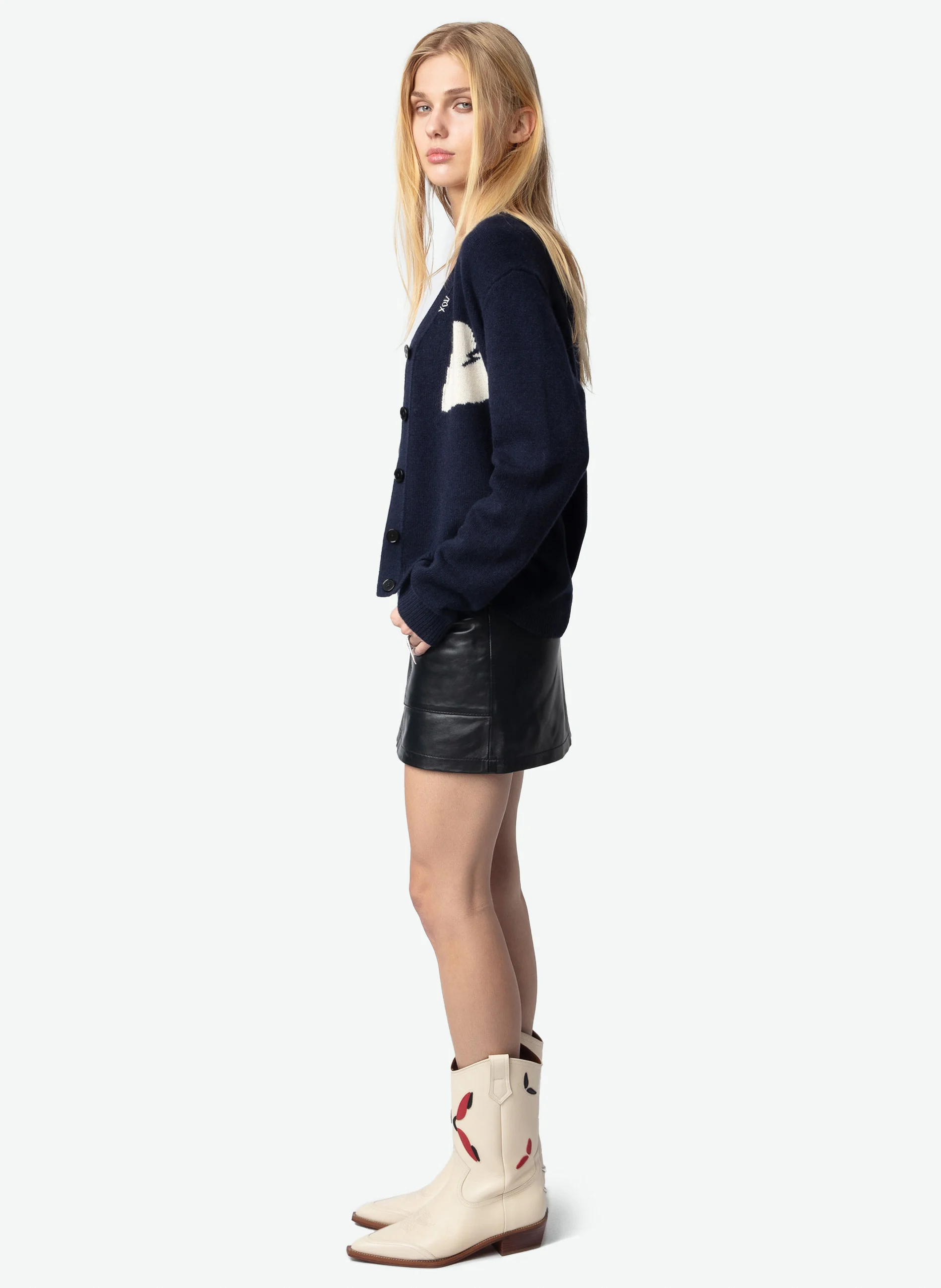 TRAVIA - Cardigan brodé en cachemire | Bleu