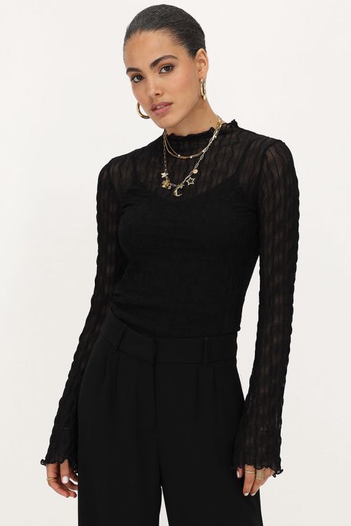 Zwarte mesh top met flared mouwen & structuur
