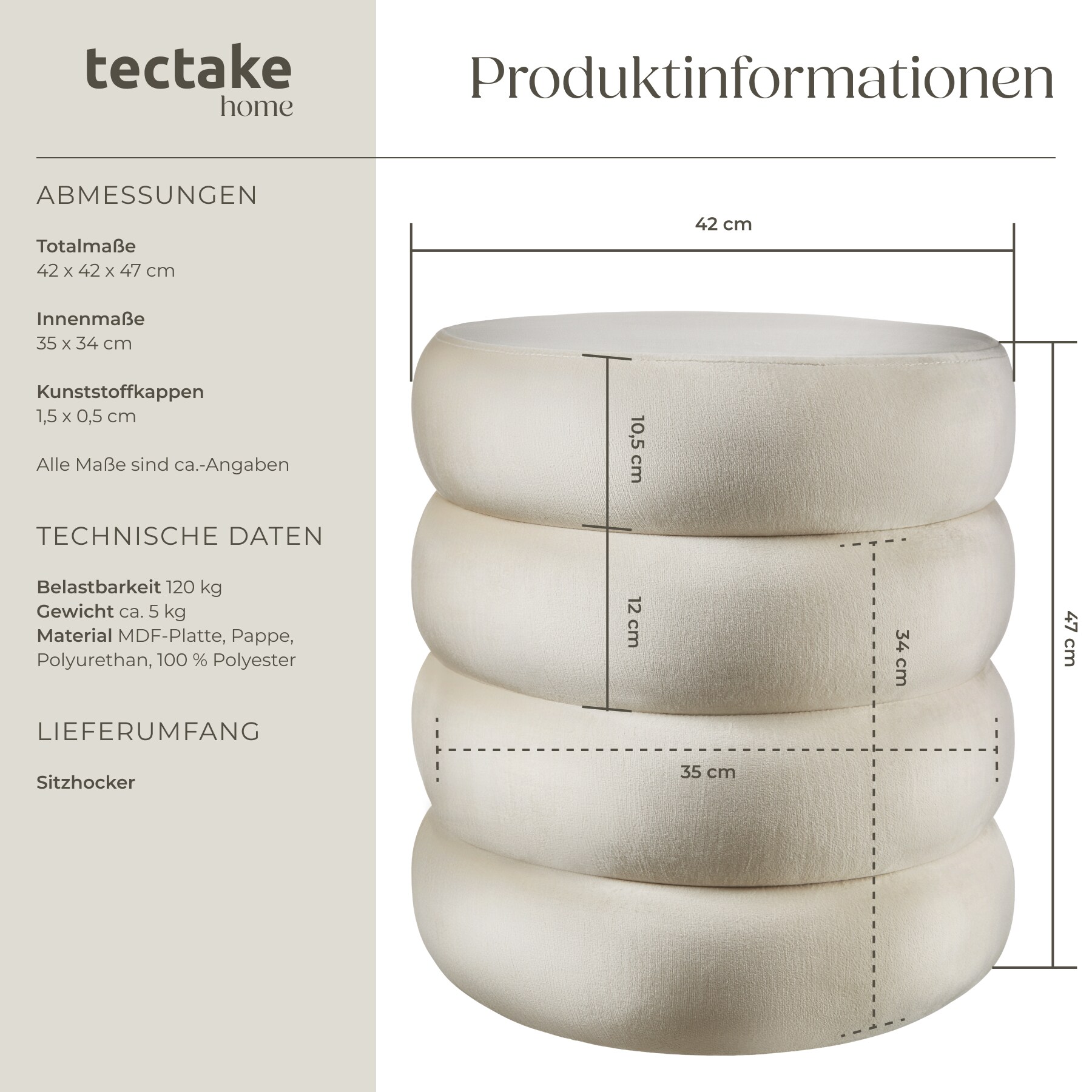 tectake® Sitzhocker, rund, weicher, pflegeleichter Bezug, 42 x 42 x 47 cm