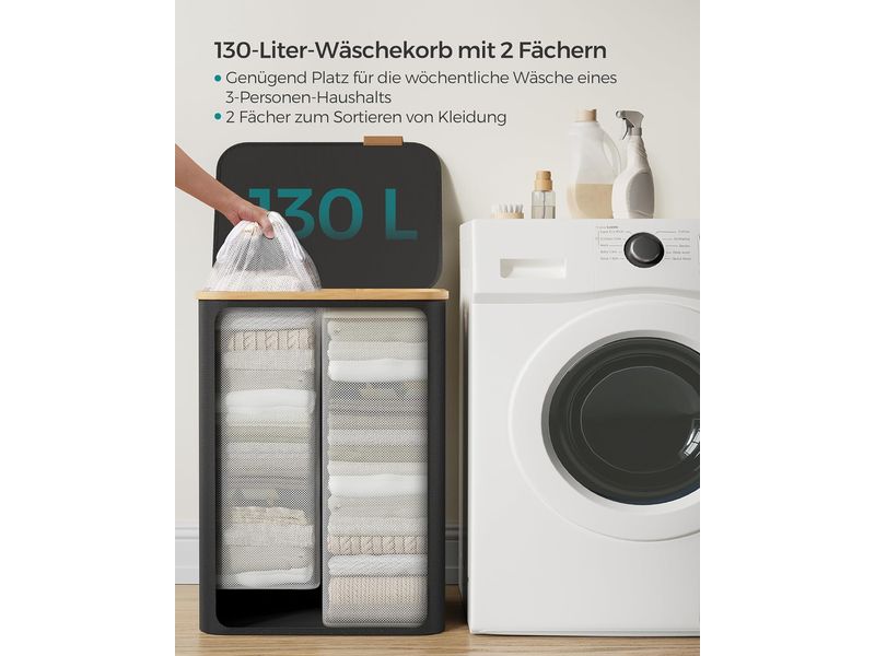 Songmics Wäschekörbe 65 l, Schwarz Wäschesammler mit zwei Fächern