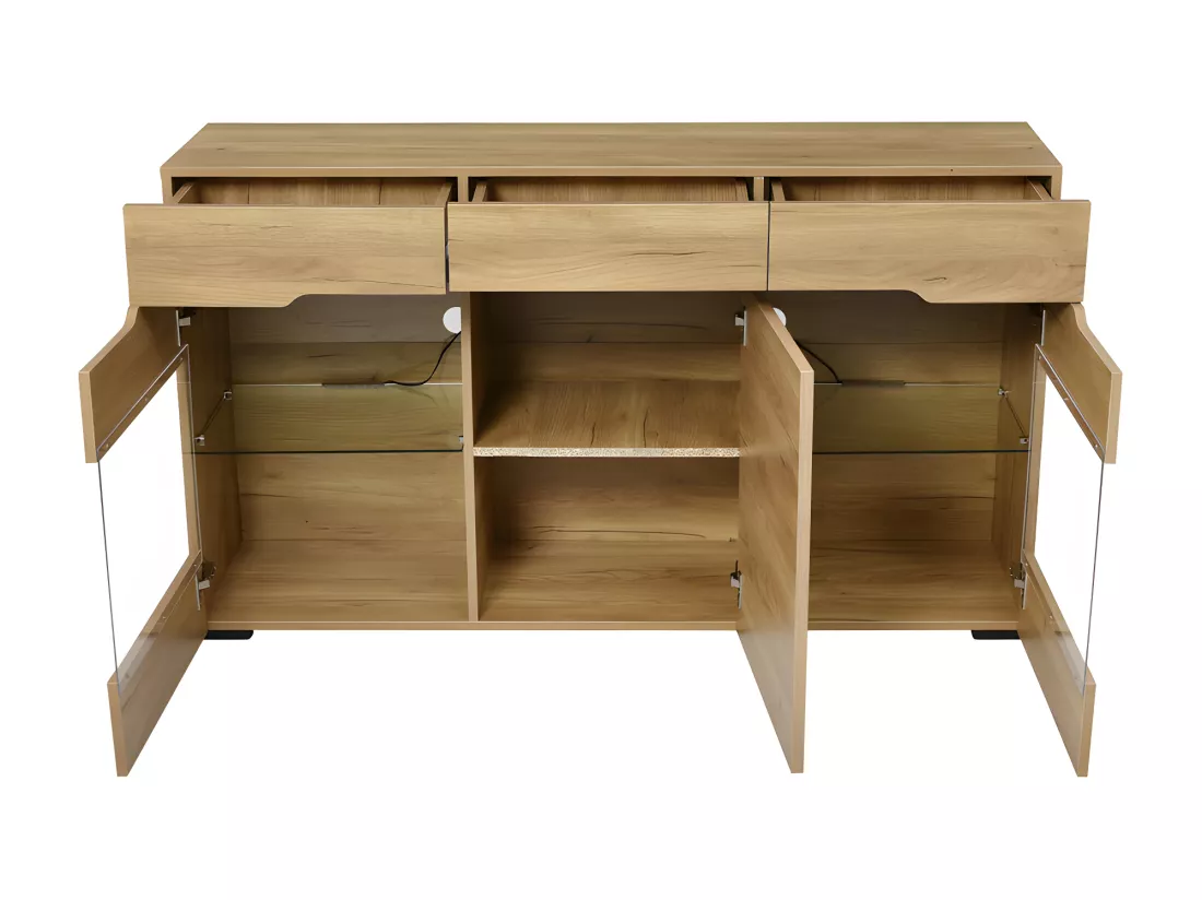 Buffet bas avec LED - 3 portes et 3 tiroirs - Naturel