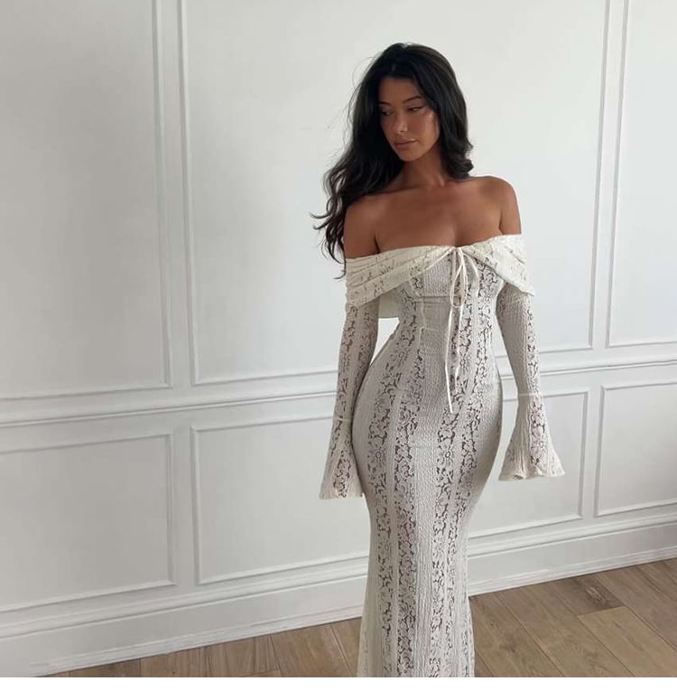 Autuna - Lange mouw off-shoulder maxi-zeemeerminjurk met strik aan de voorkant en kant