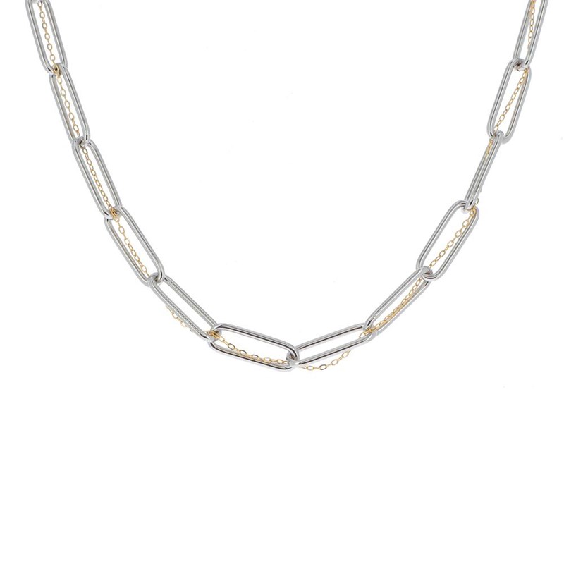 Collier en acier grosse maille argentée et petite maille dorée avec pierre Crystal Swarovski, chaînette réglable