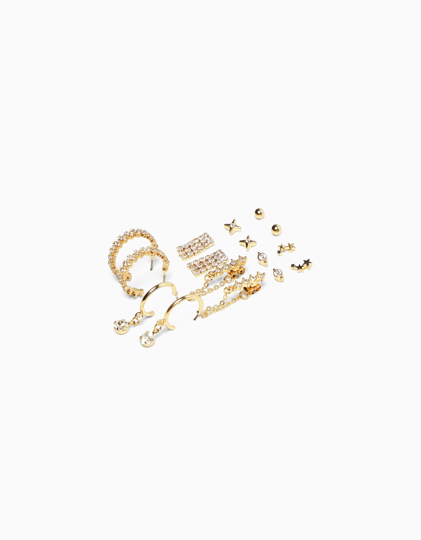 Conjunto de 8 brincos de argola com strass