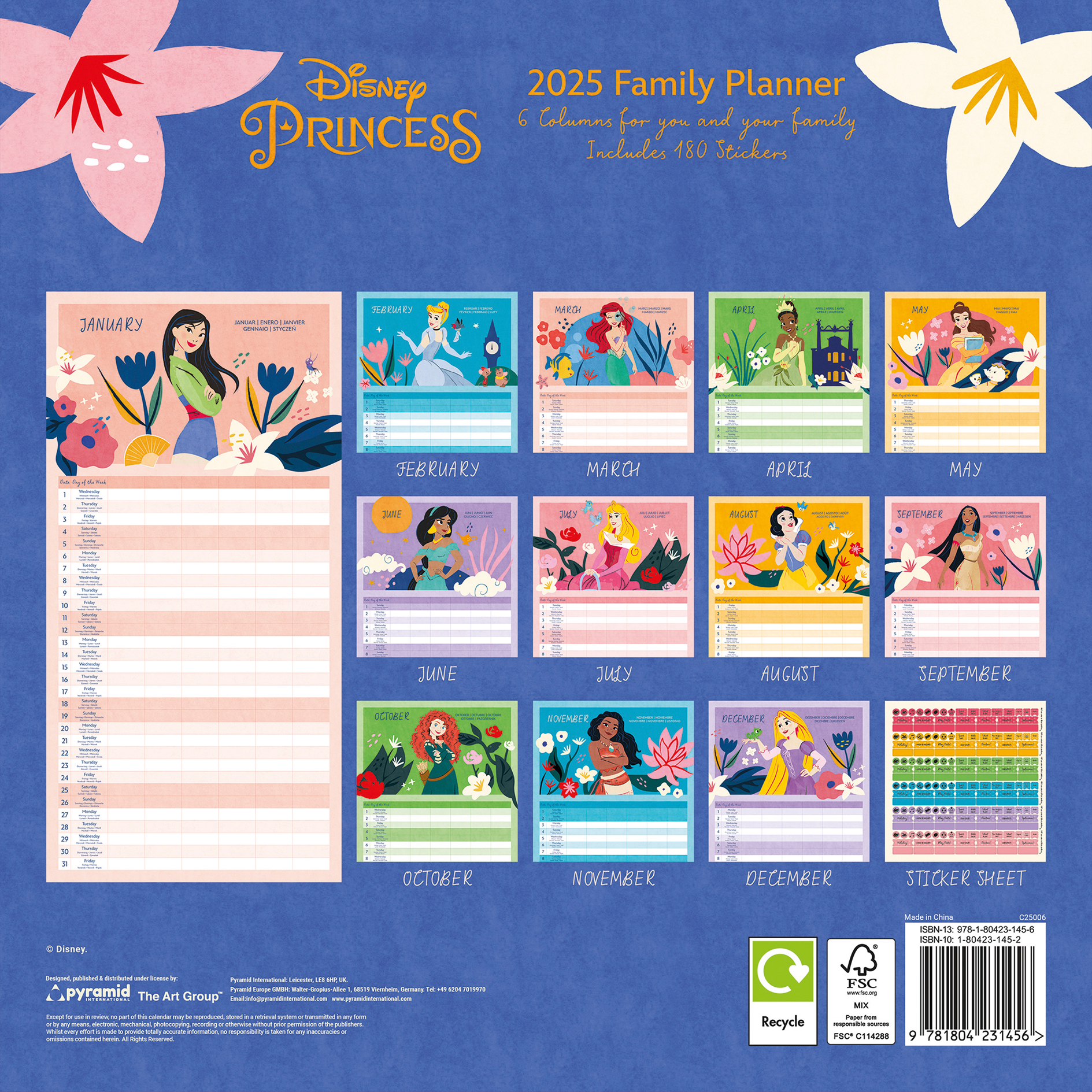 Familienplaner 2025 - mehrfarbig - Disney Princess - 30x30 cm