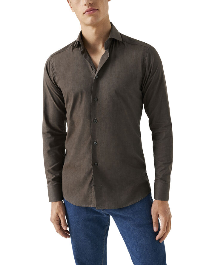 ETON Contemporary Fit Dark Brown Herringbone Wrinkle Free Flannel Shirt Mørkebrun