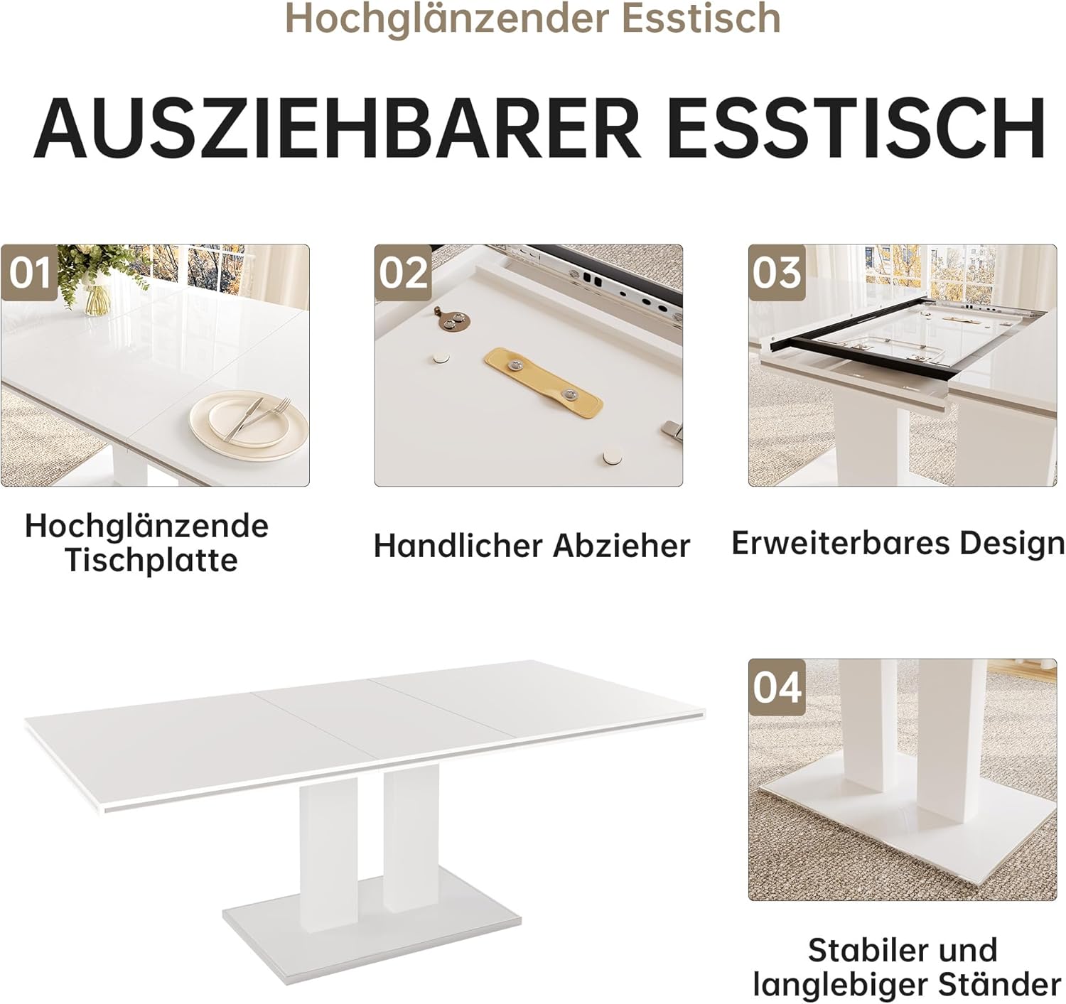 JIEXI Tisch Ausziehbar Moderner Esstisch, Rechteckiger MDF-Küchentisch 160-200cm, Esstisch mit Stabiles Untergestell, für 6-8 Personen, Küche, Wohnzimmer, Büro, Kleiner Raum