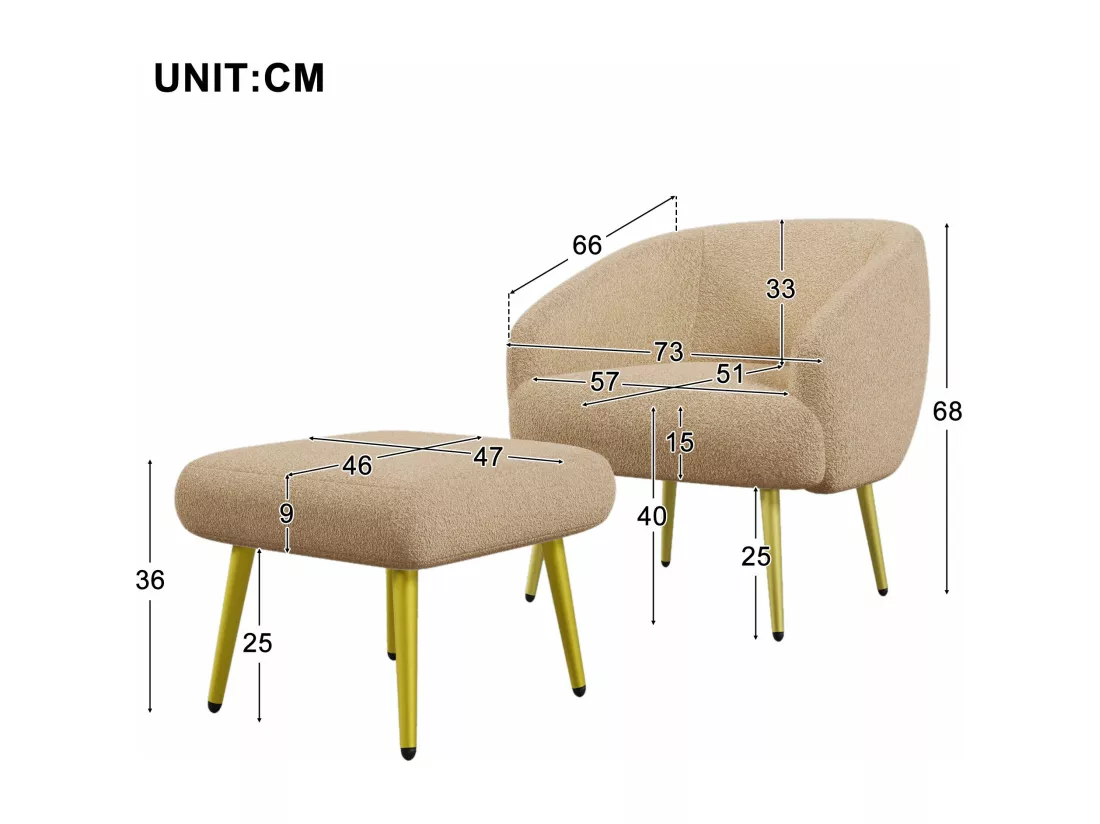 Chaise moderne rembourrée Sherpa avec pouf, design ergonomique, pieds dorés, confort luxueux,marron