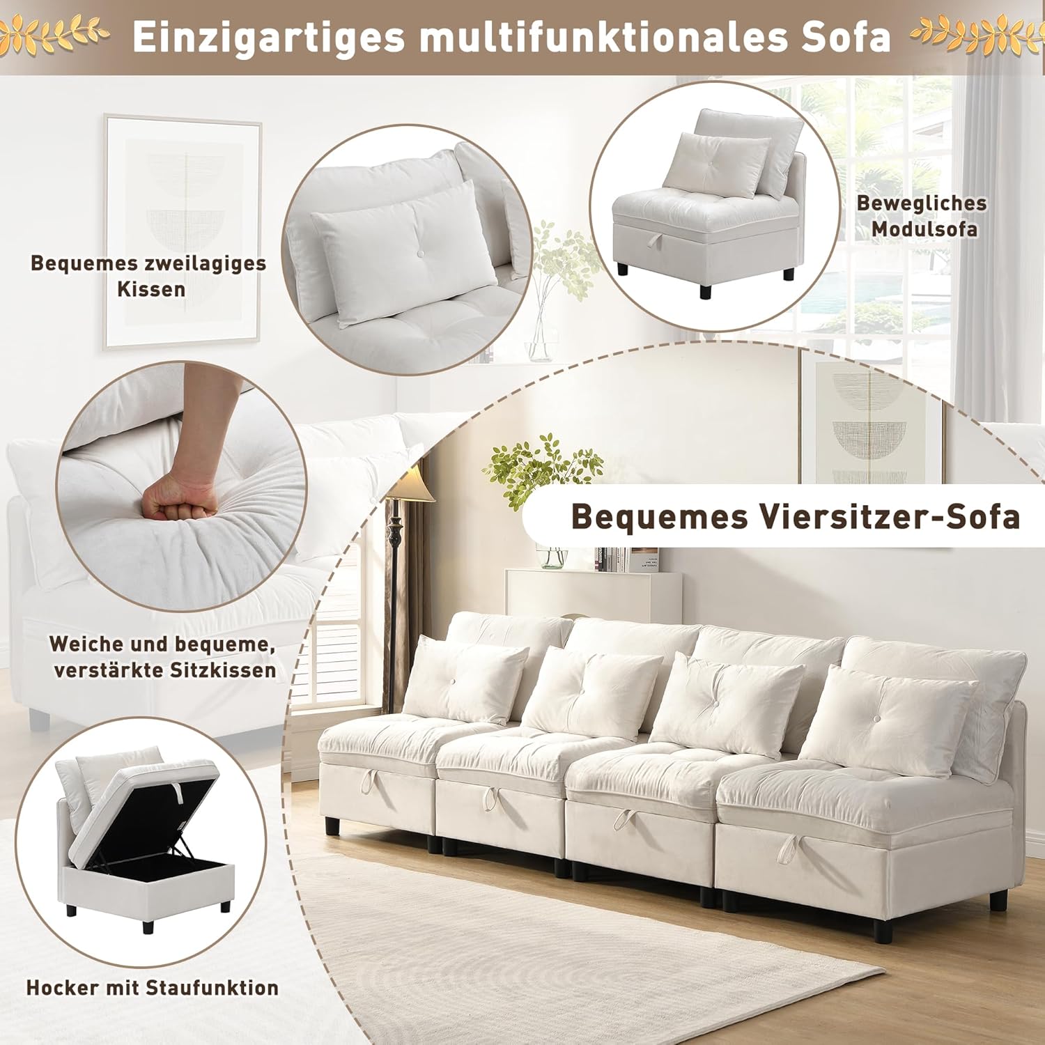 Cloud Modulares Sofa 4-Sitzer Modulares, zerlegbares Sofa-Set: Frei konfigurierbar + Stauraum unter Allen Kissen + Schlaffunktion + Chenille-Stoff (Beige)