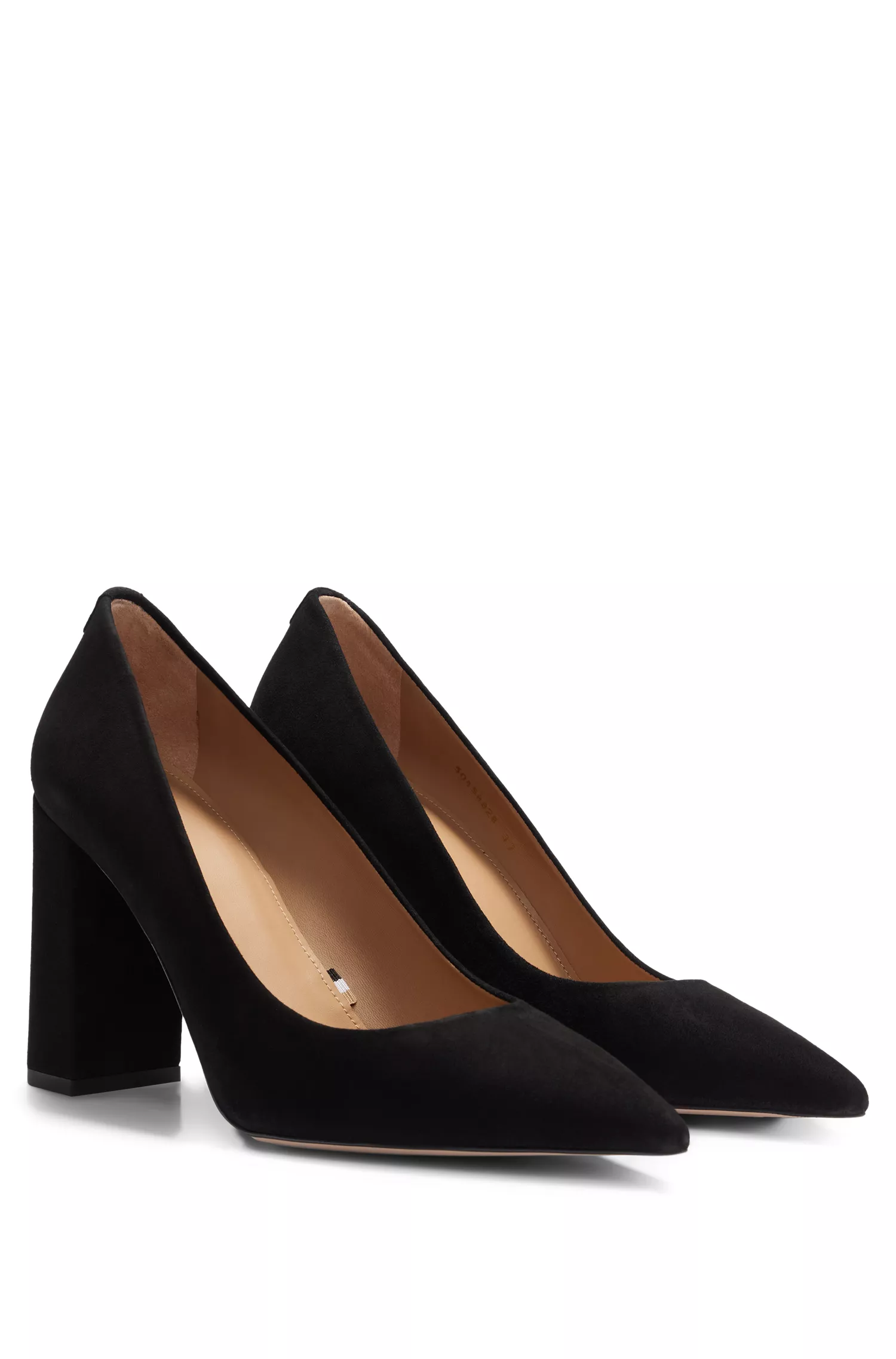 Sapatos de salto bloco preto BOSS em camurça com bico fino.