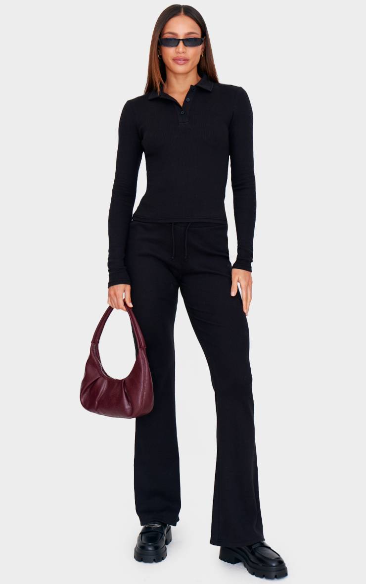 Noir Pantalon Évasé Côtelé À Cordon De Serrage Tall