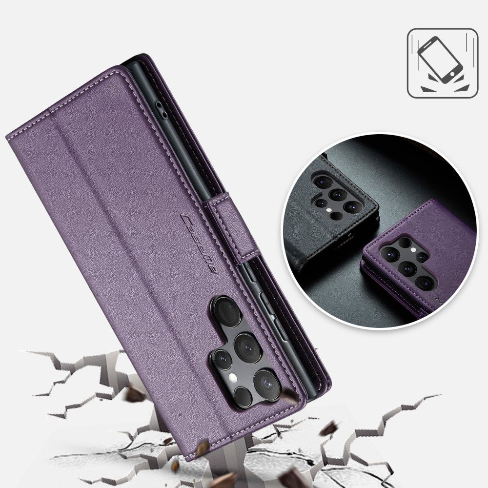 Samsung Galaxy S23 Ultra 5G Leder Tasche Flip Wallet Etui mit Kartenfächern Litchi Look (RFID Schutz) - Violett