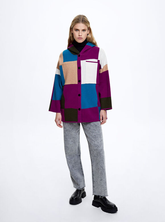Cardigã de tricô com blocos de cores - Multicolorido