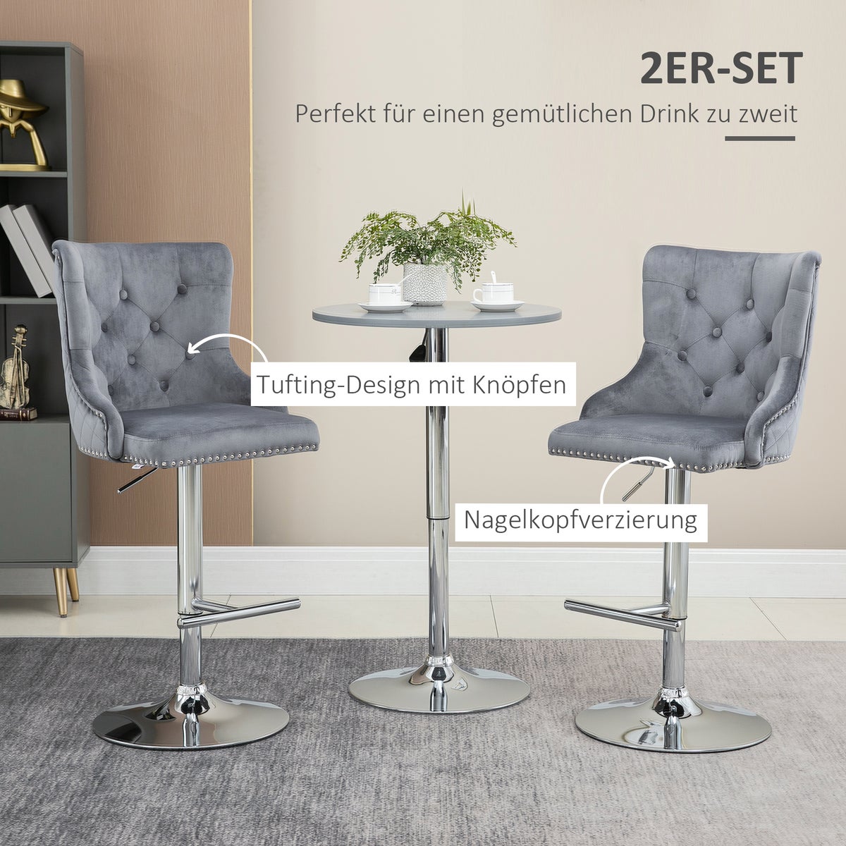 HOMCOM Set van 2 barkrukken, draaistoelen met voetenbank, in hoogte verstelbare woonkamerstoelen met fluwelen look, voor bar, keuken, lichtgrijs, 46 x 55 x 102-123 cm
