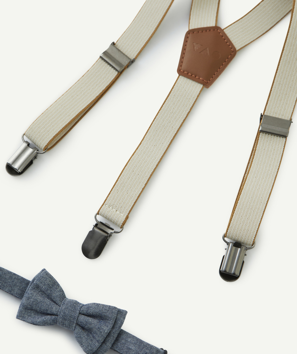 SET BRETELLES ET NOEUD BÉBÉ GARÇON BEIGE MARRON ET EFFET DENIM