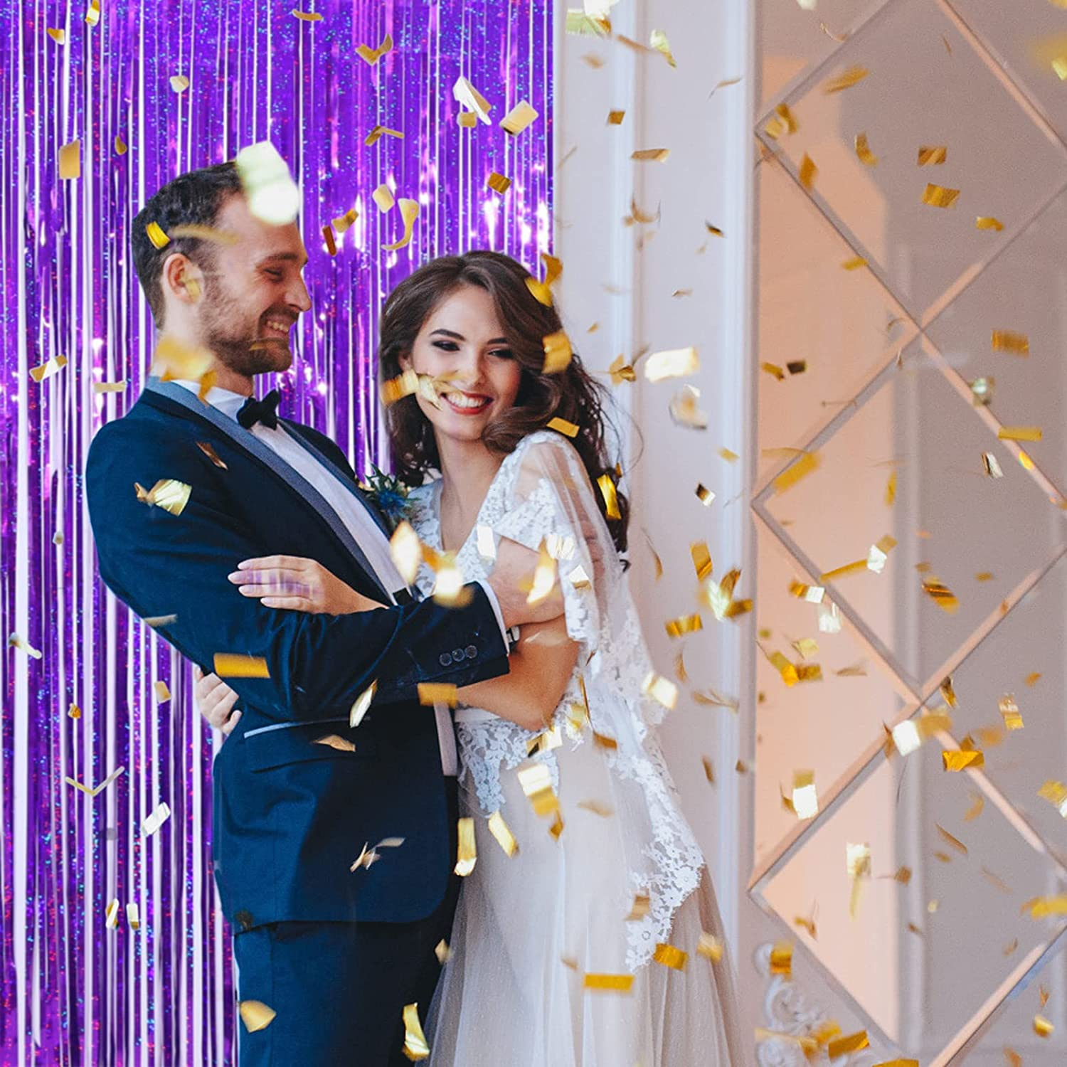 (245x92cm) Party Deko Metallic Lametta Vorhang Glänzender Fransen Vorhang Foto Hintergrund - Lila