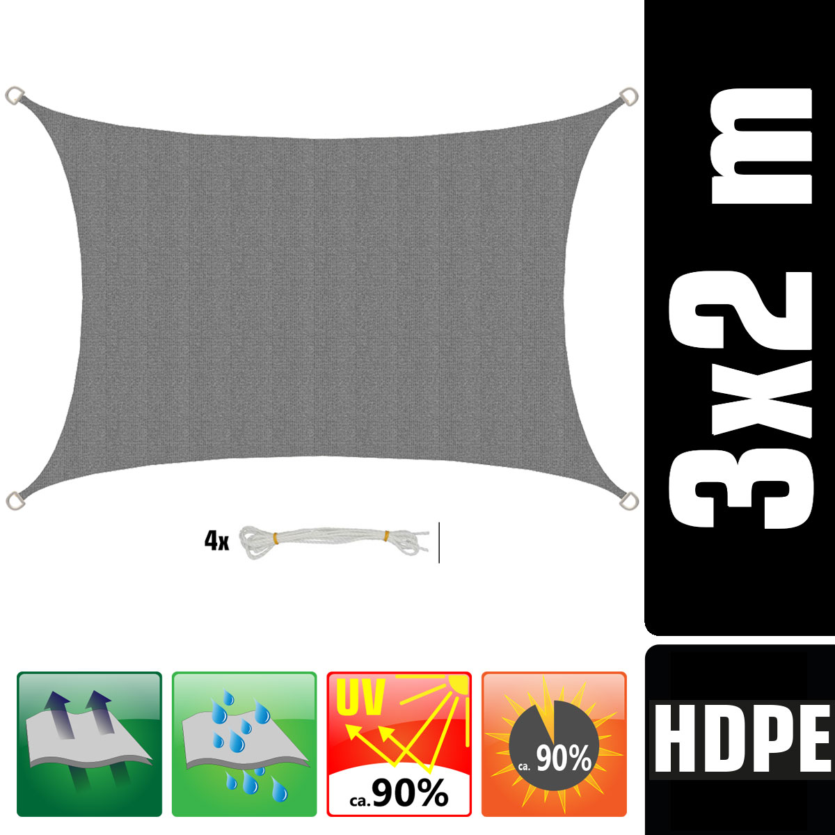 AMANKA 3 x 2 HDPE schaduwdoek - Gray