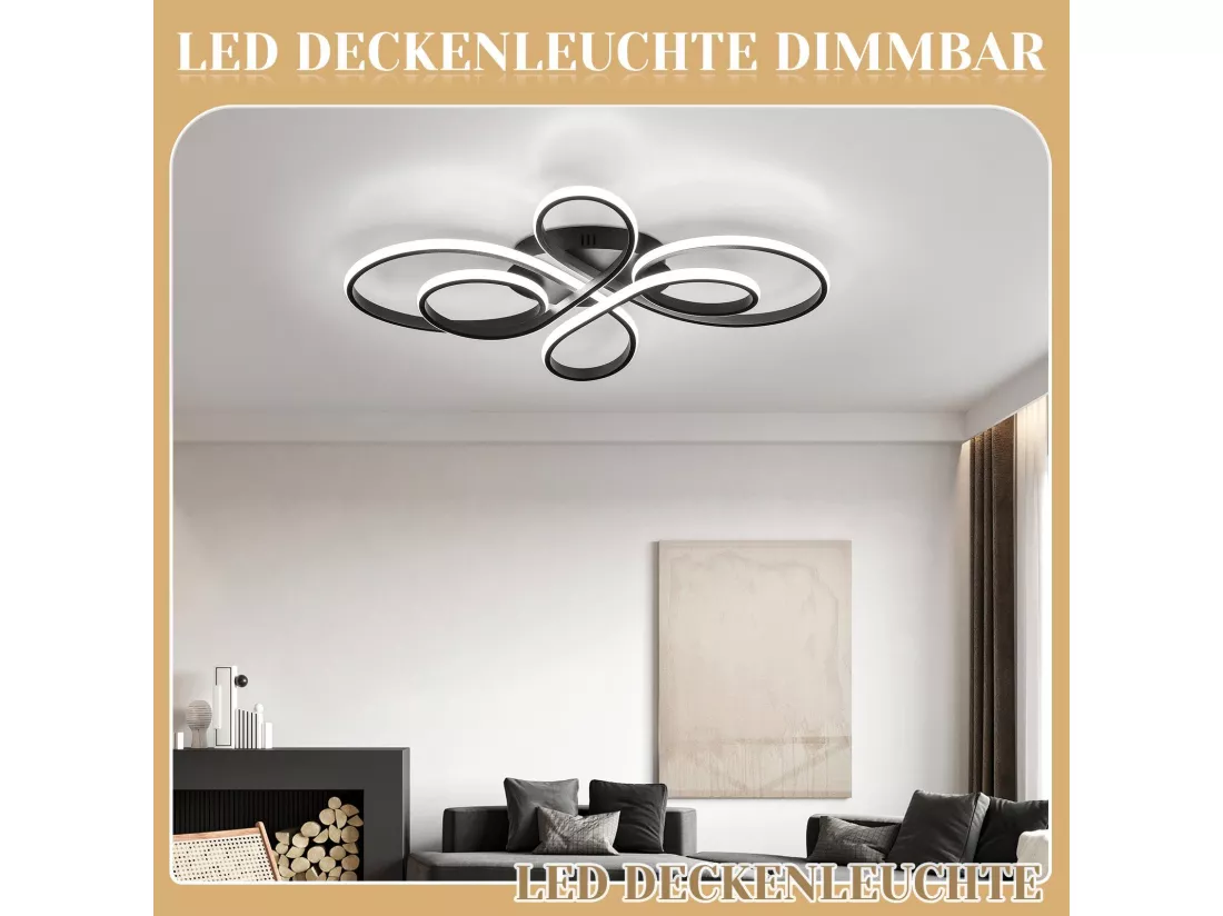 NETTLIFE Plafonnier LED Noir Intensité Variable 80 cm Salon 78W Chambre Moderne avec Télécommande Design Idéal pour Salle à Manger Bureau Cuisine