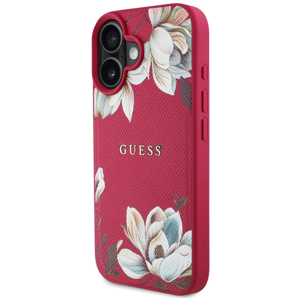 iPhone 16 MagSafe Leder Hardcase Hülle Grained Printed Flower (GUHMP16SPGNMPLMF) - Rot