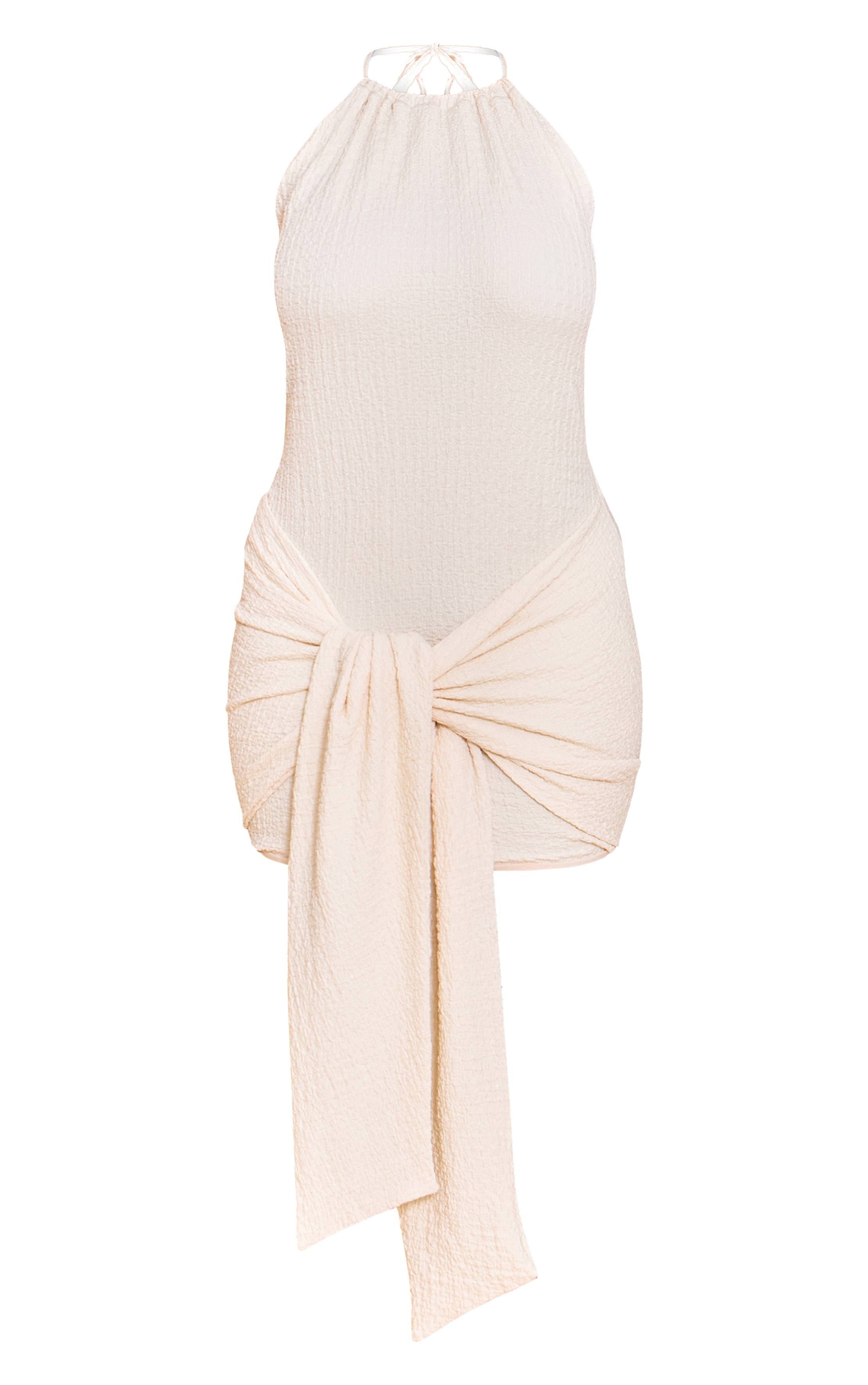 Crème Robe Mini Moulante Texturée À Encolure Américaine Et Détail Cache-cœur