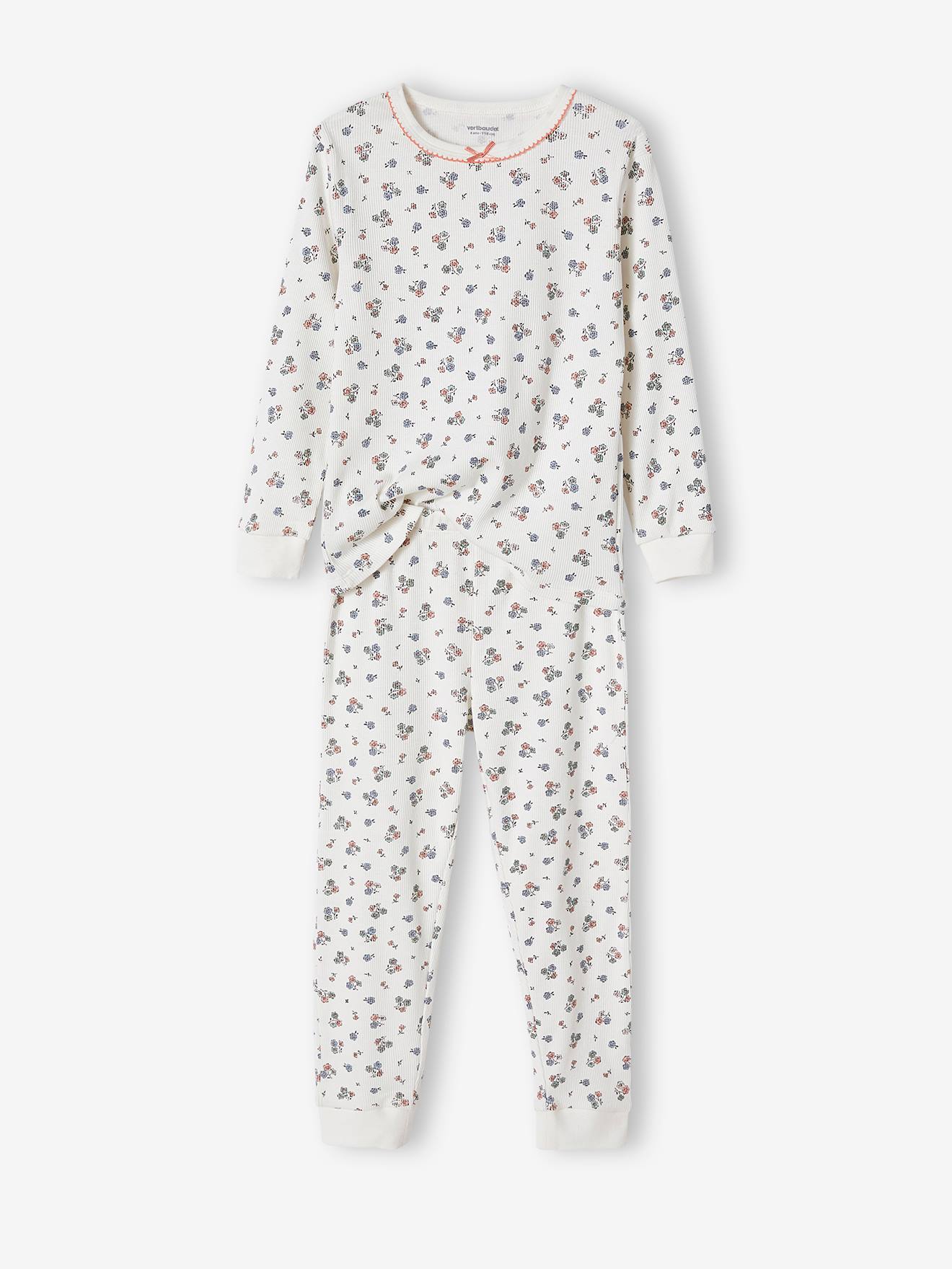 Pijama de malha canelada, personalizável, com estampa floral para meninas, cor cru.