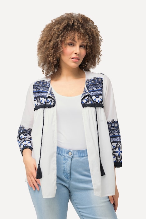 Blusenjacke, Fransen, A-Linie, Rundhals, 3/4-Arm